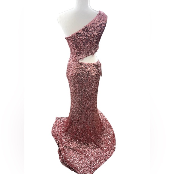 NWT Terani Couture One Shoulder Pink Sequin Cut Out Formal‎ Maxi Gown Glamour - Picture 5 of 13
